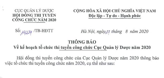 Kế hoạch thi tuyển công chức Cục Quản lý Dược năm 2020