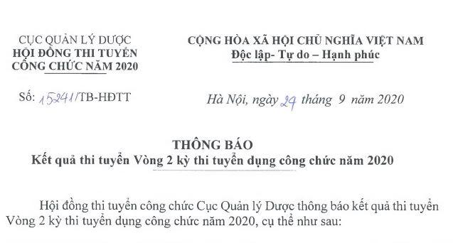 Kết quả thi tuyển Vòng 2 kỳ thi tuyển dụng Cục quản lý dược năm 2020