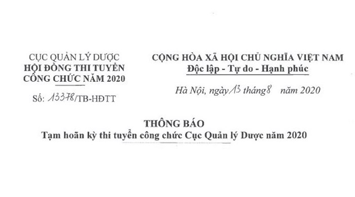 Thông báo " Tạm hoãn kỳ thi tuyên công chức Cục Quản lý Dược năm 2020"